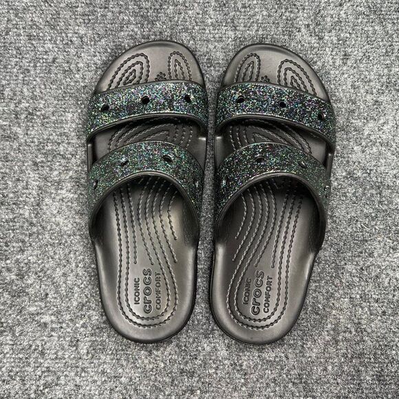 Crocs Classic Glitter Sandals Women's Size 6 Black Athletic Recovery Beach Slide - Picture 6 of 9